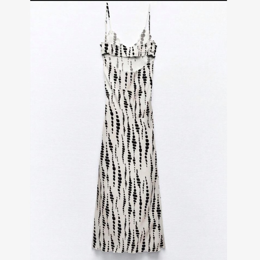NEW CCB Black & White Dot Strappy Stretchy Maxi Lowcut Tie-Front Cutout Dress XS - Picture 3 of 10